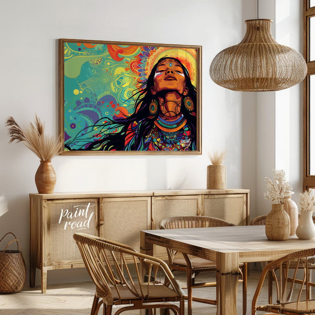 A vibrant digital artwork depicts a woman with flowing dark hair, adorned with intricate tribal jew… for dining room