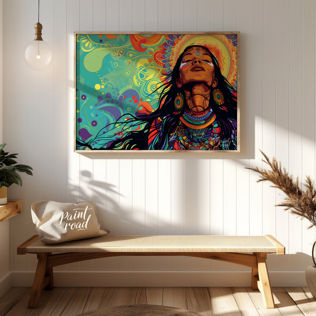 A vibrant digital artwork depicts a woman with flowing dark hair, adorned with intricate tribal jew… for entryway