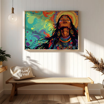A vibrant digital artwork depicts a woman with flowing dark hair, adorned with intricate tribal jew… for entryway
