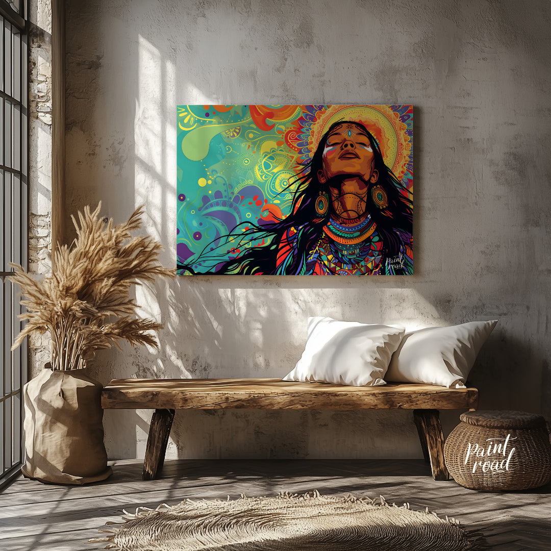 A vibrant digital artwork depicts a woman with flowing dark hair, adorned with intricate tribal jew… for entryway