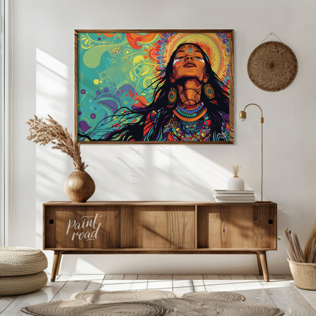 A vibrant digital artwork depicts a woman with flowing dark hair, adorned with intricate tribal jew… for living room