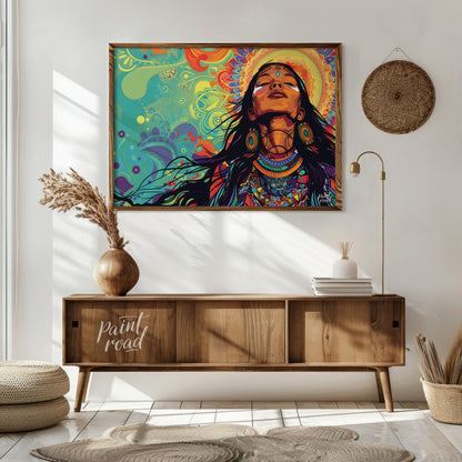 A vibrant digital artwork depicts a woman with flowing dark hair, adorned with intricate tribal jew… for living room