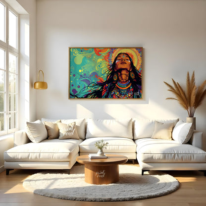 A vibrant digital artwork depicts a woman with flowing dark hair, adorned with intricate tribal jew… for living room