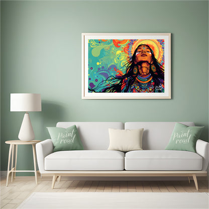 A vibrant digital artwork depicts a woman with flowing dark hair, adorned with intricate tribal jew… for living room
