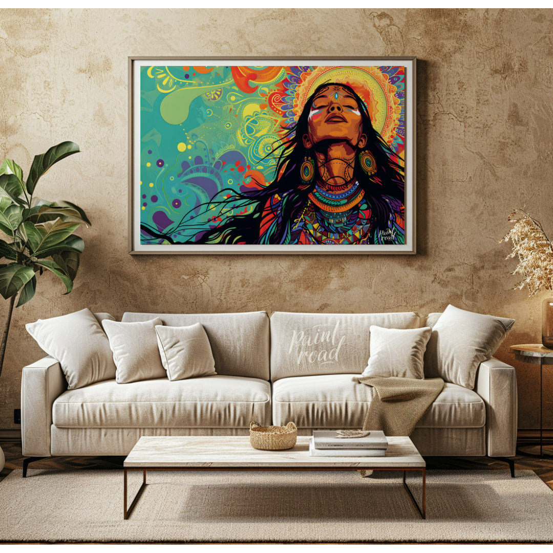 A vibrant digital artwork depicts a woman with flowing dark hair, adorned with intricate tribal jew… for living room