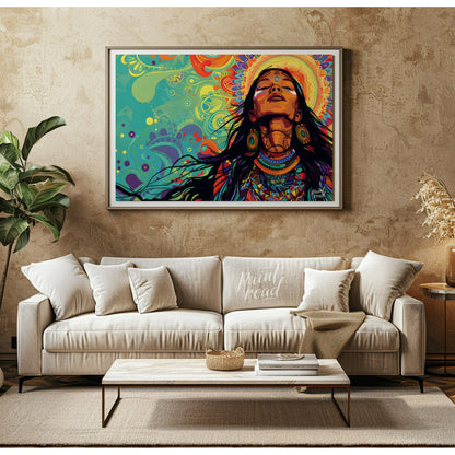 A vibrant digital artwork depicts a woman with flowing dark hair, adorned with intricate tribal jew… for living room