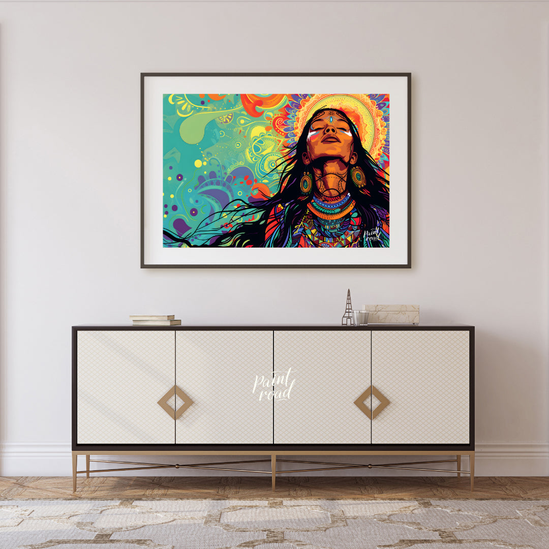 A vibrant digital artwork depicts a woman with flowing dark hair, adorned with intricate tribal jew… for living room