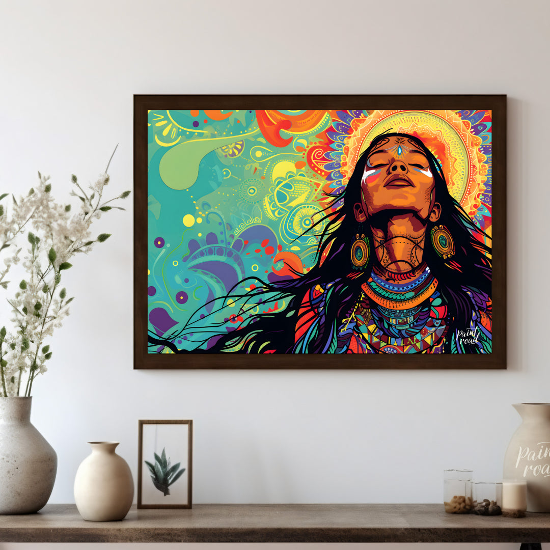 A vibrant digital artwork depicts a woman with flowing dark hair, adorned with intricate tribal jew… for living room