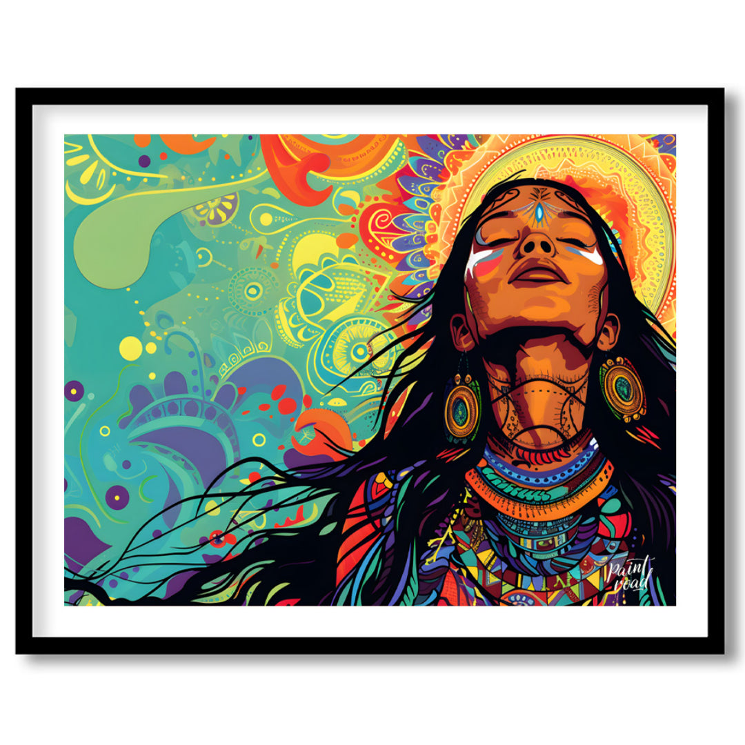 A vibrant digital artwork depicts a woman with flowing dark hair, adorned with intricate tribal jew… for sweet home