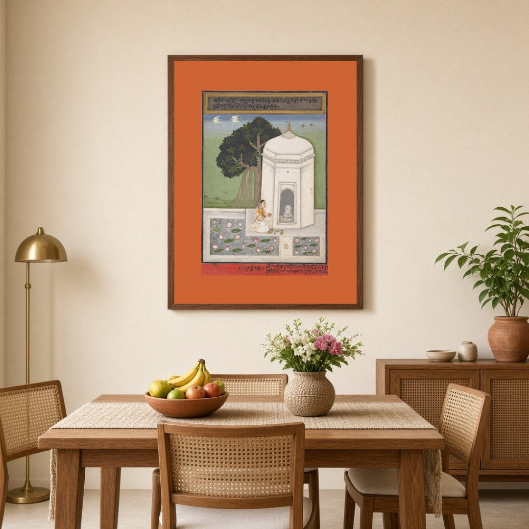 Experience the serene ambiance of devotion with this exquisite Indian art print, featuring a for Dining
