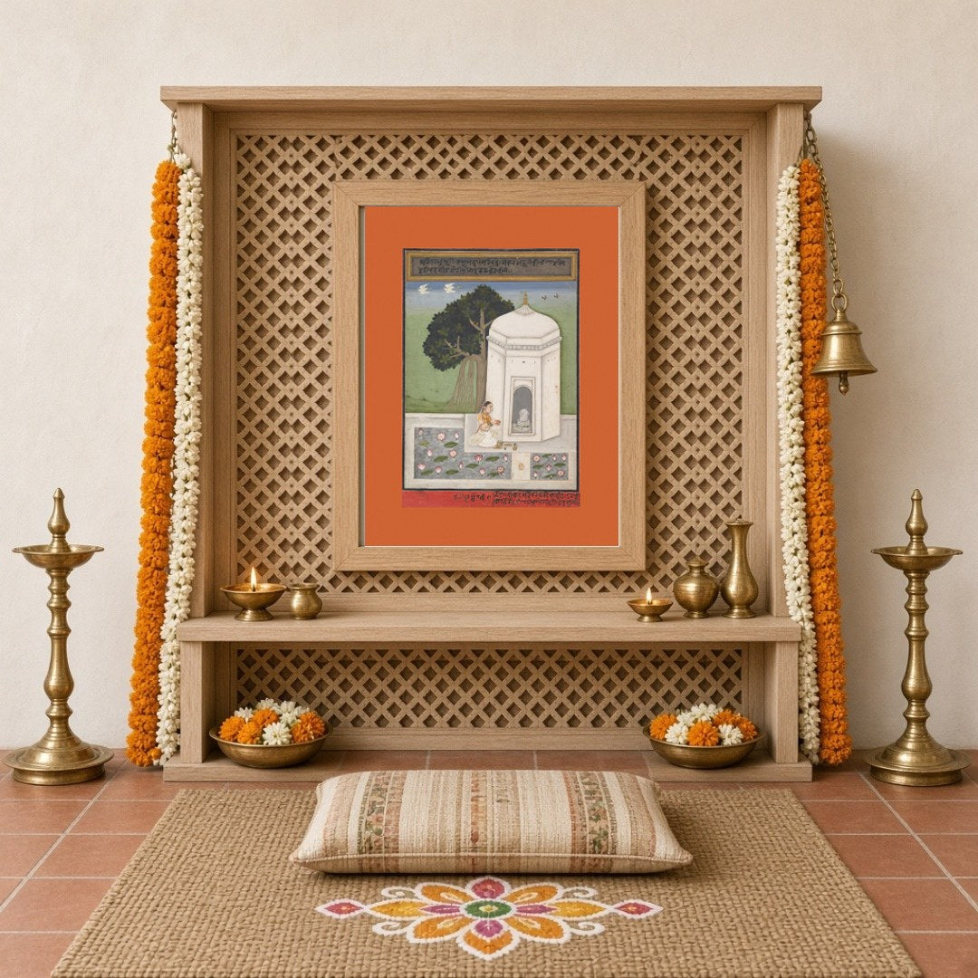 Experience the serene ambiance of devotion with this exquisite Indian art print, featuring a for Home Temple