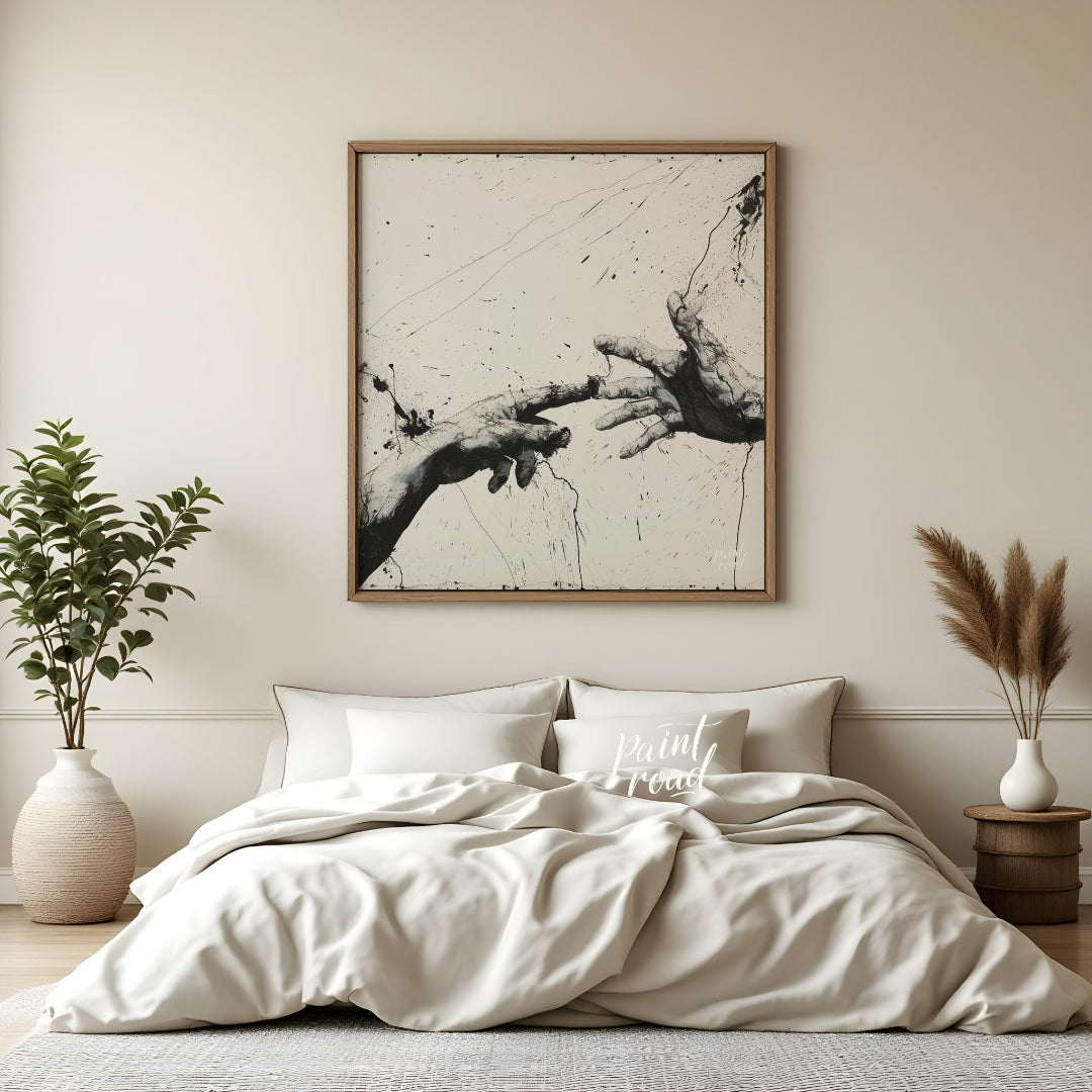 This artwork features two hands reaching towards each other, rendered in a striking black and white… for bedroom