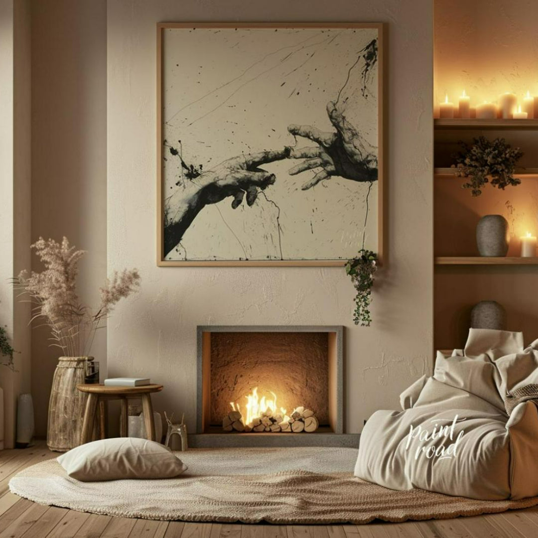 This artwork features two hands reaching towards each other, rendered in a striking black and white… for living room