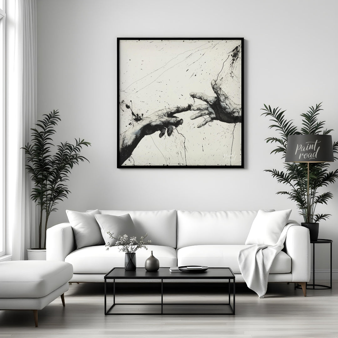 This artwork features two hands reaching towards each other, rendered in a striking black and white… for living room