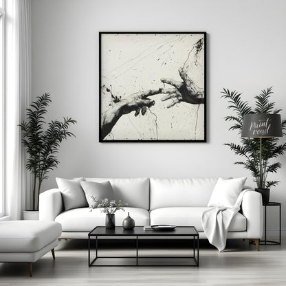 This artwork features two hands reaching towards each other, rendered in a striking black and white… for living room