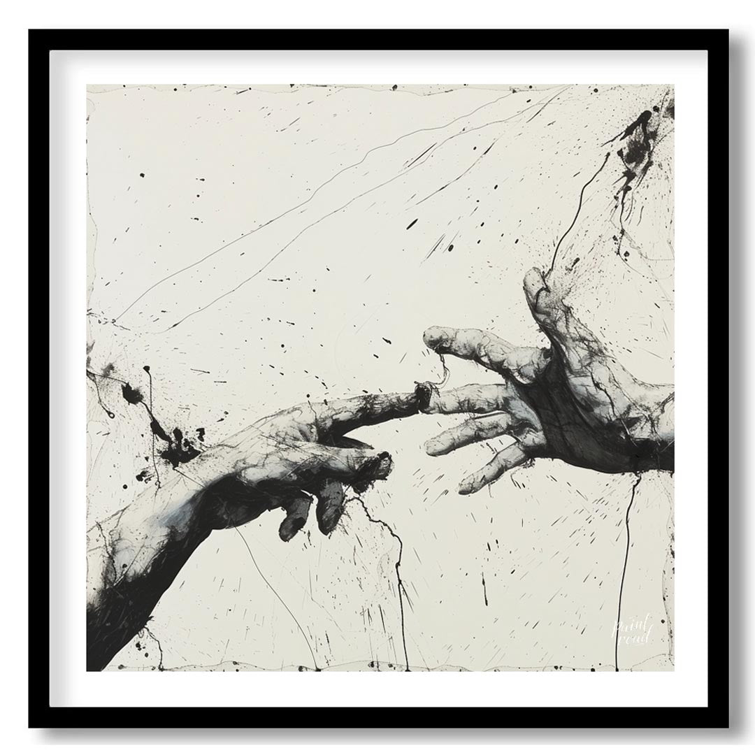 This artwork features two hands reaching towards each other, rendered in a striking black and white… for lovely house