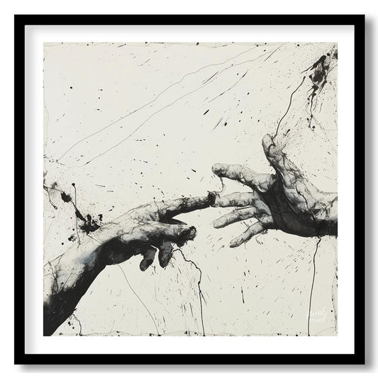 This artwork features two hands reaching towards each other, rendered in a striking black and white… for lovely house