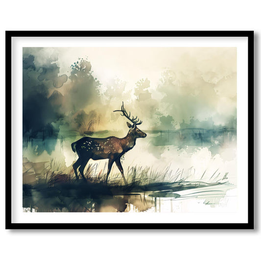 This evocative watercolor painting features a beautiful spotted deer standing gracefully by the edg… for interior