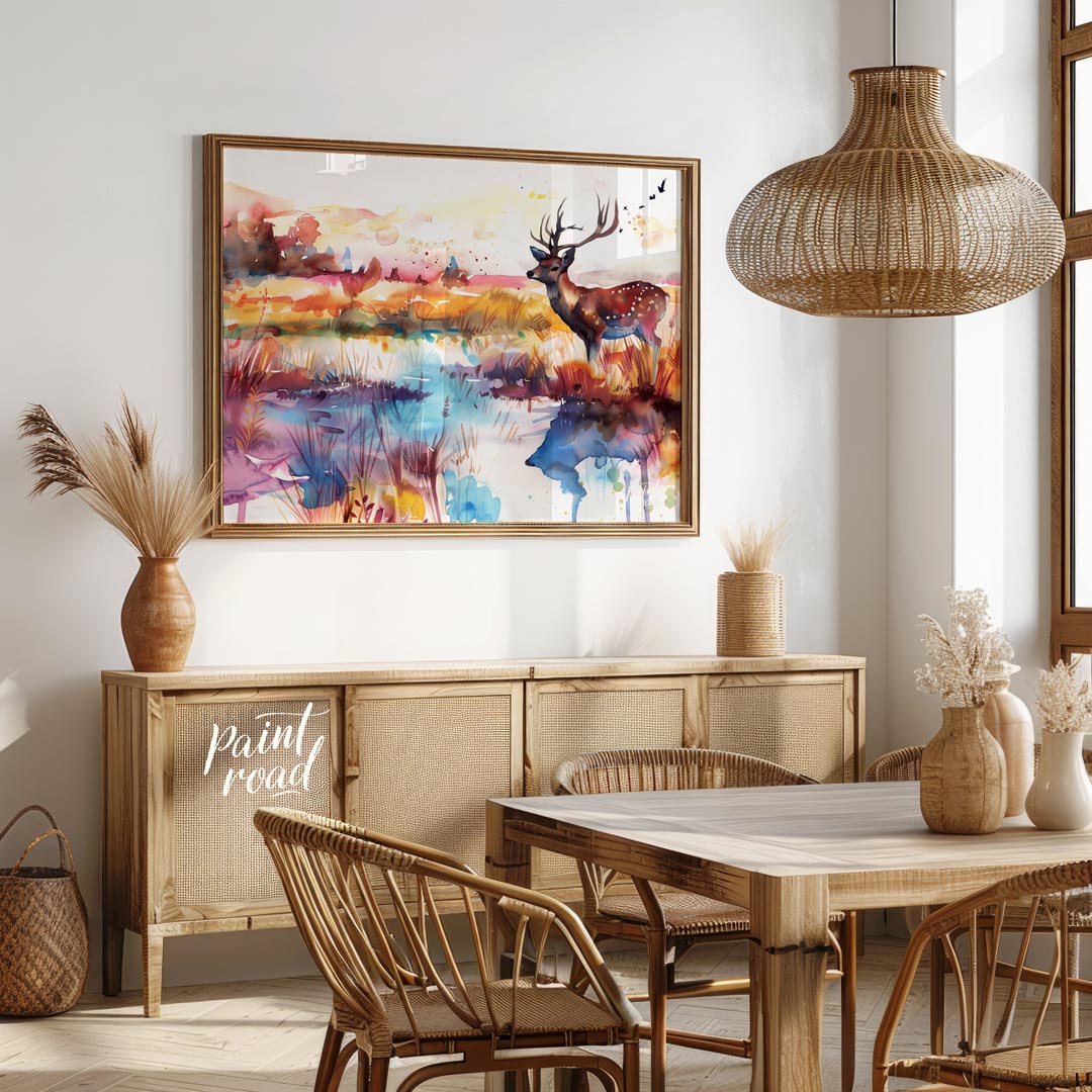 This enchanting watercolor landscape features a graceful spotted deer with antlers, standing by a s… for dining room