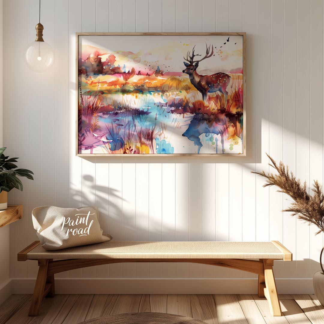 This enchanting watercolor landscape features a graceful spotted deer with antlers, standing by a s… for entryway
