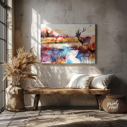 This enchanting watercolor landscape features a graceful spotted deer with antlers, standing by a s… for entryway