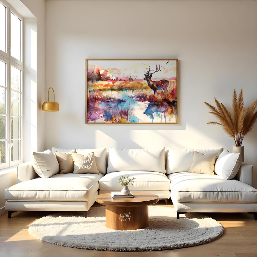 This enchanting watercolor landscape features a graceful spotted deer with antlers, standing by a s… for living room