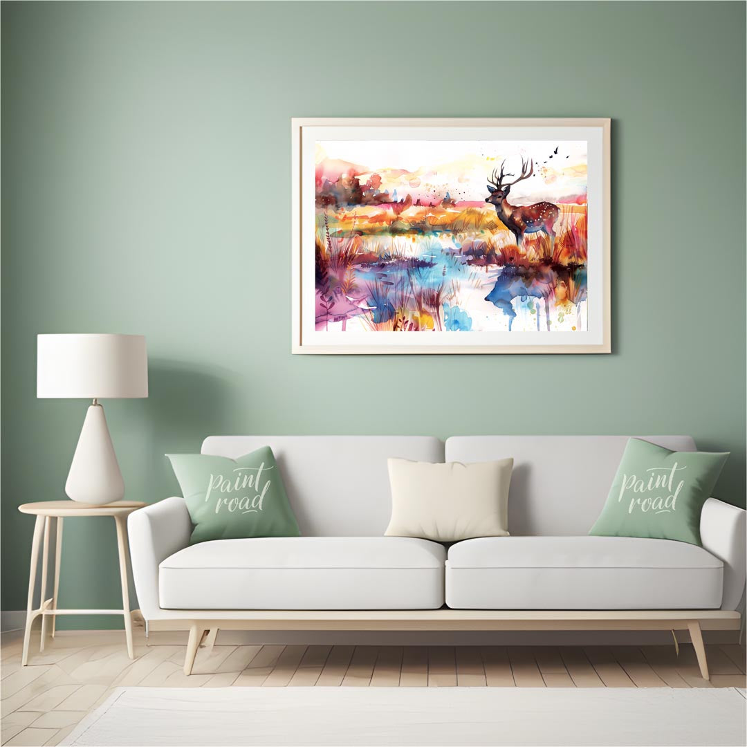 This enchanting watercolor landscape features a graceful spotted deer with antlers, standing by a s… for living room