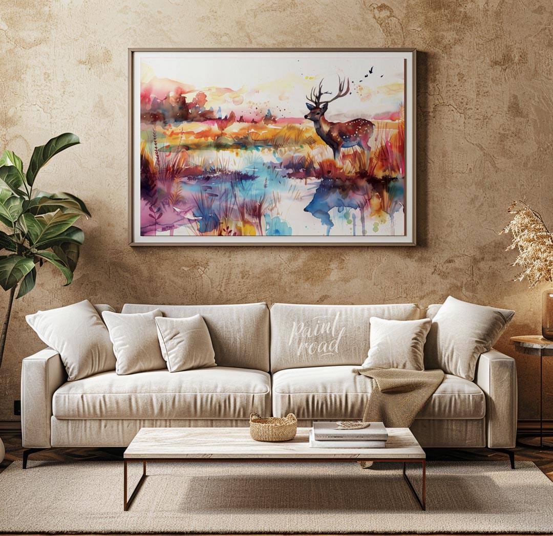 This enchanting watercolor landscape features a graceful spotted deer with antlers, standing by a s… for living room