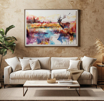 This enchanting watercolor landscape features a graceful spotted deer with antlers, standing by a s… for living room
