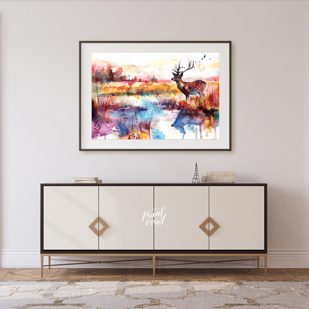 This enchanting watercolor landscape features a graceful spotted deer with antlers, standing by a s… for living room