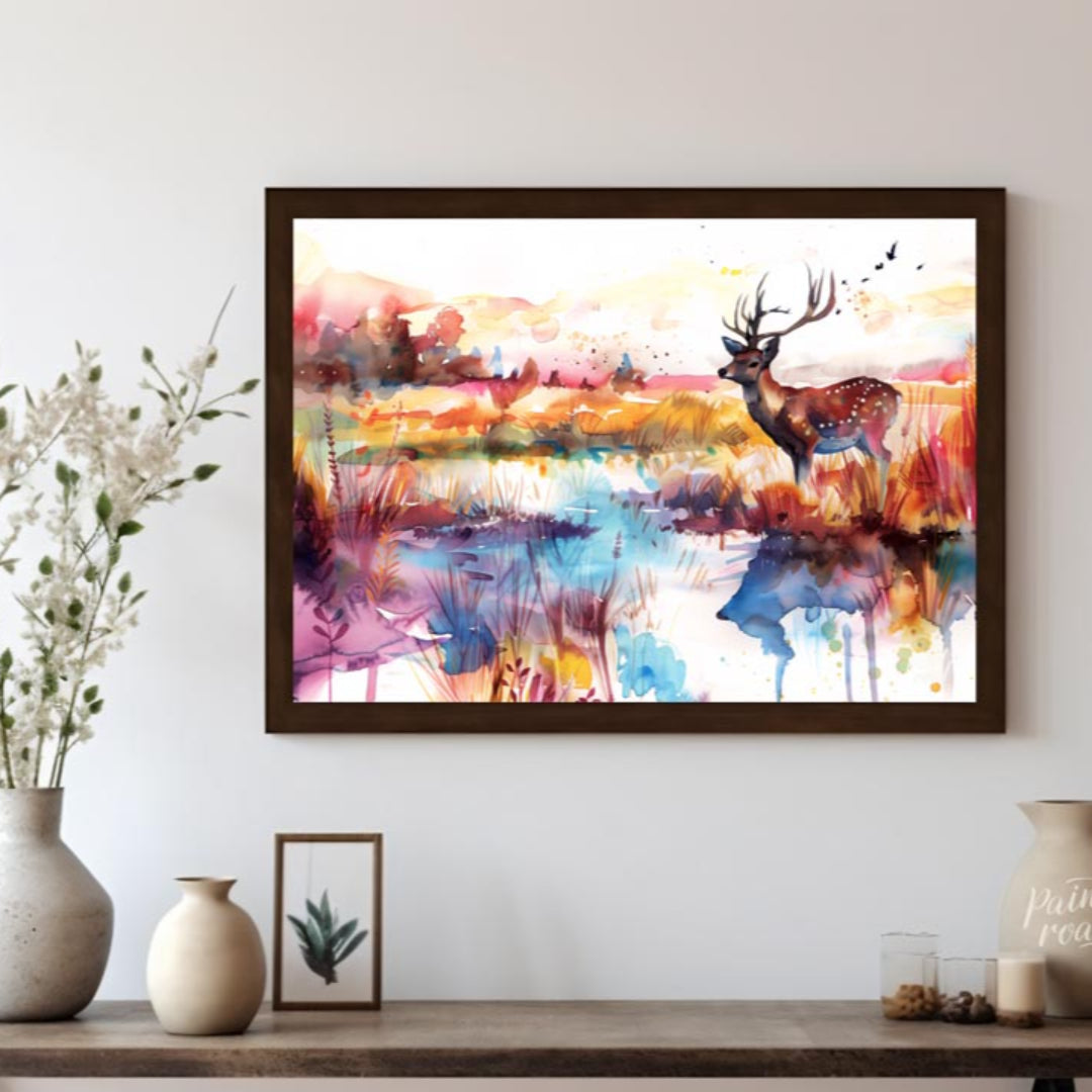 This enchanting watercolor landscape features a graceful spotted deer with antlers, standing by a s… for living room