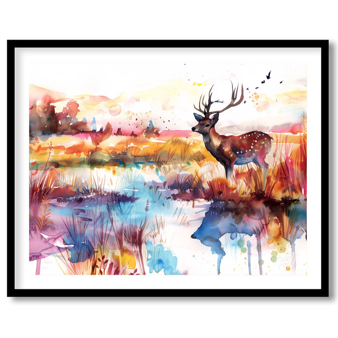 This enchanting watercolor landscape features a graceful spotted deer with antlers, standing by a s… for living-space