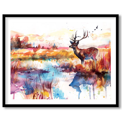 This enchanting watercolor landscape features a graceful spotted deer with antlers, standing by a s… for living-space
