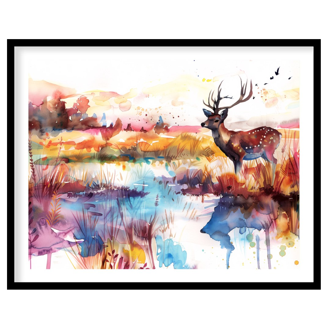 This enchanting watercolor landscape features a graceful spotted deer with antlers, standing by a s… for living-space