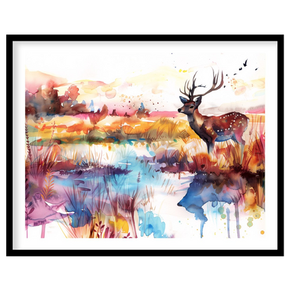 This enchanting watercolor landscape features a graceful spotted deer with antlers, standing by a s… for living-space