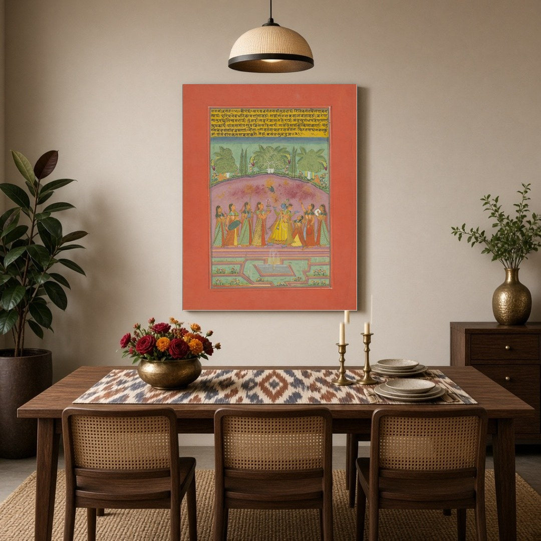 Immerse yourself in a vibrant celebration of spring with this exquisite Ragamala artwork, depicting for Dining