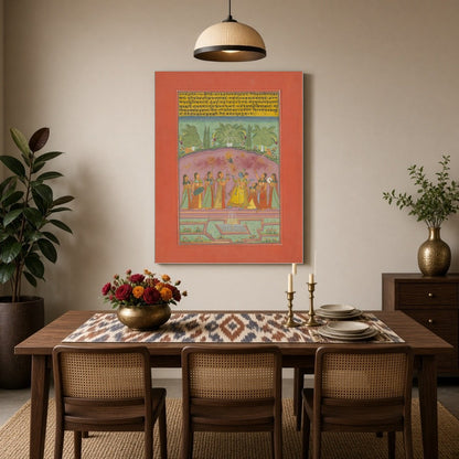 Immerse yourself in a vibrant celebration of spring with this exquisite Ragamala artwork, depicting for Dining