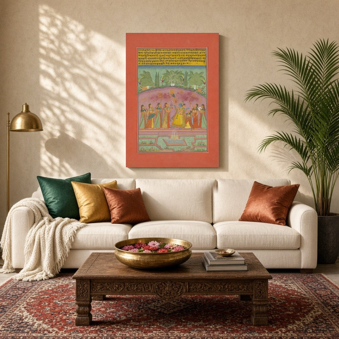 Immerse yourself in a vibrant celebration of spring with this exquisite Ragamala artwork, depicting for Living Room
