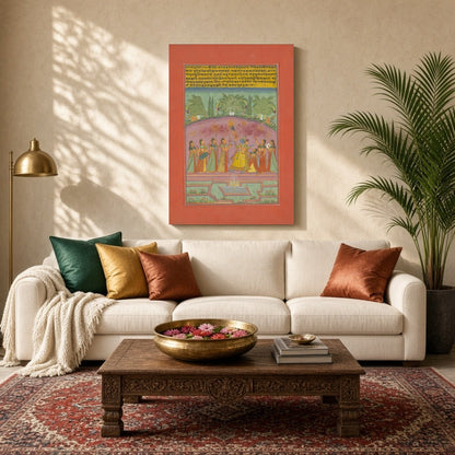 Immerse yourself in a vibrant celebration of spring with this exquisite Ragamala artwork, depicting for Living Room