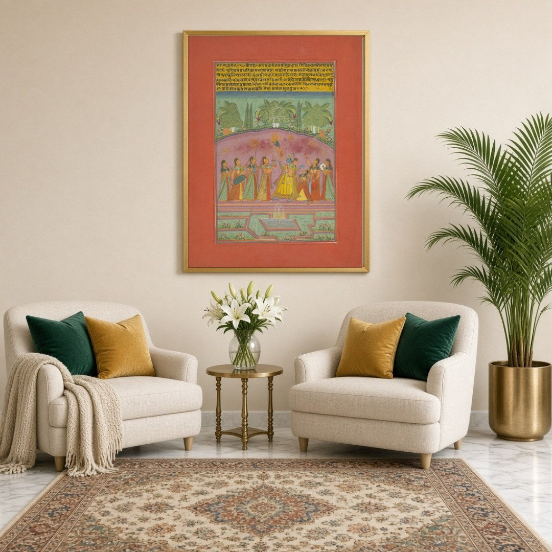 Immerse yourself in a vibrant celebration of spring with this exquisite Ragamala artwork, depicting for Sitting Lounge