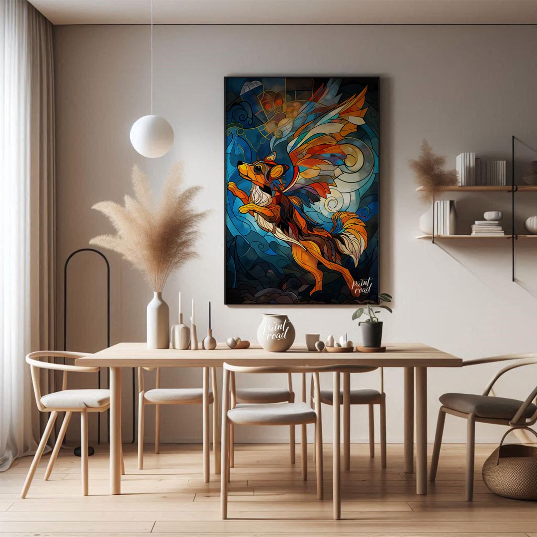 This captivating artwork is a beautiful rendition of a flying fox or fruit bat, rendered in the mes… for dining room