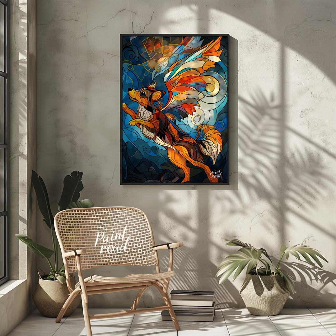This captivating artwork is a beautiful rendition of a flying fox or fruit bat, rendered in the mes… for living room
