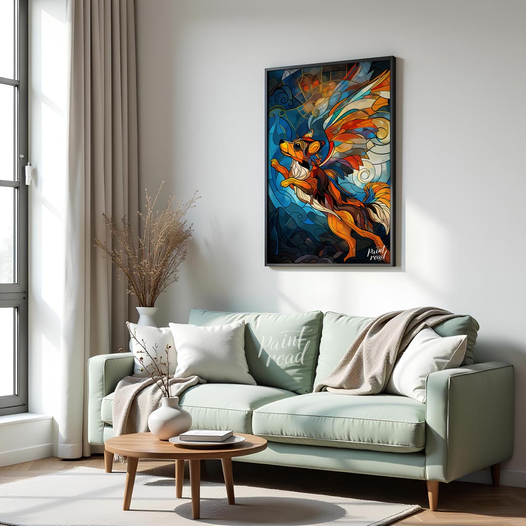 This captivating artwork is a beautiful rendition of a flying fox or fruit bat, rendered in the mes… for living room