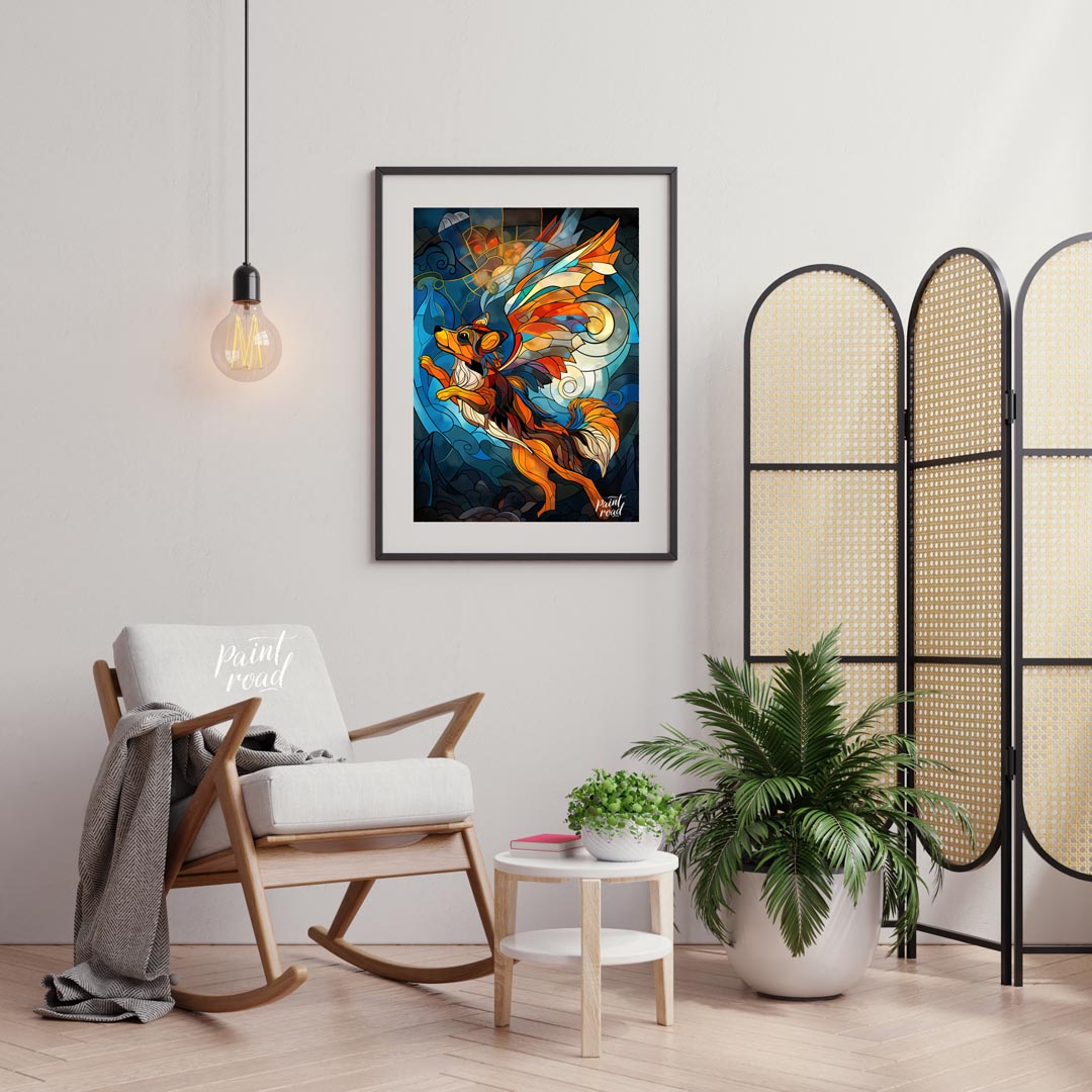 This captivating artwork is a beautiful rendition of a flying fox or fruit bat, rendered in the mes… for living room