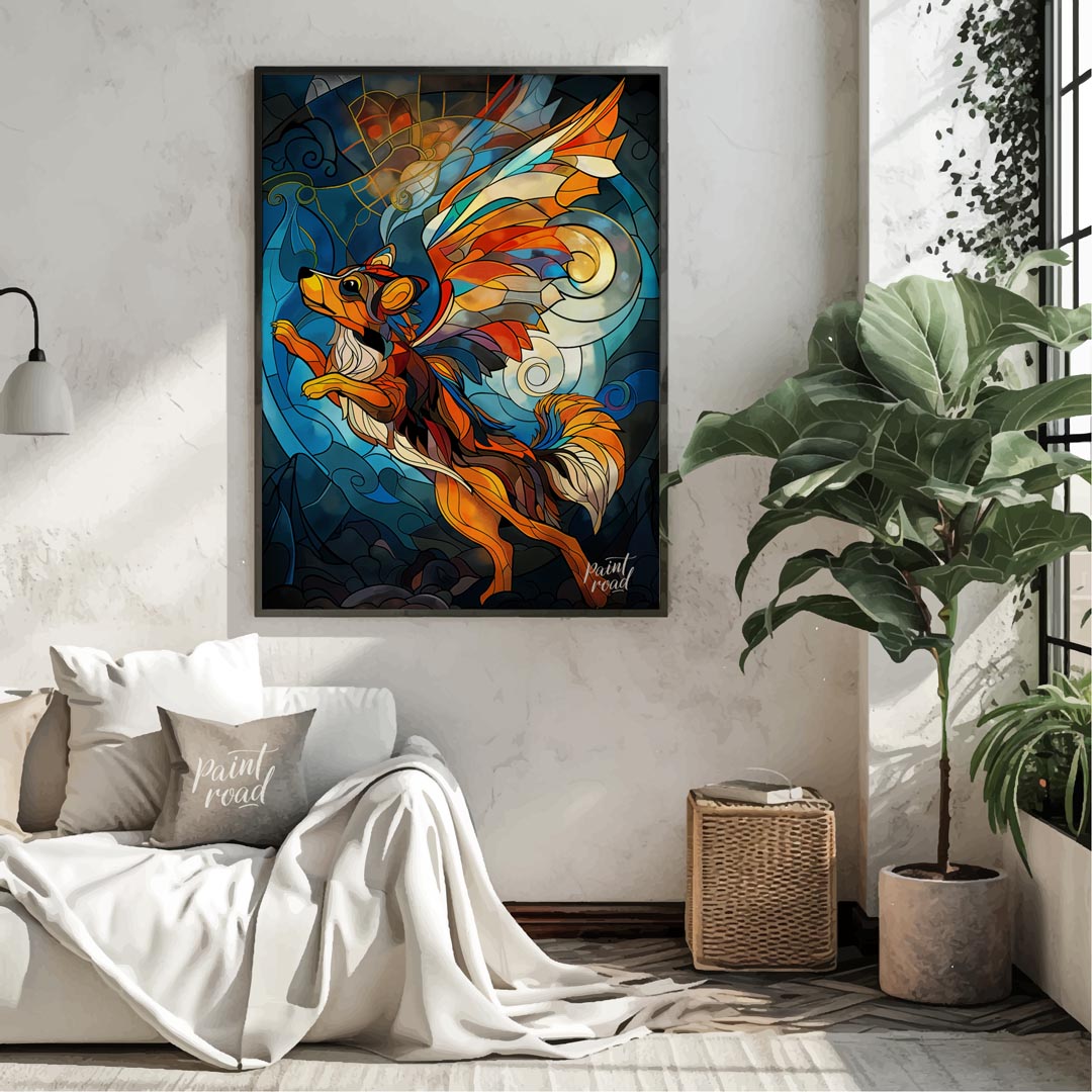 This captivating artwork is a beautiful rendition of a flying fox or fruit bat, rendered in the mes… for living room