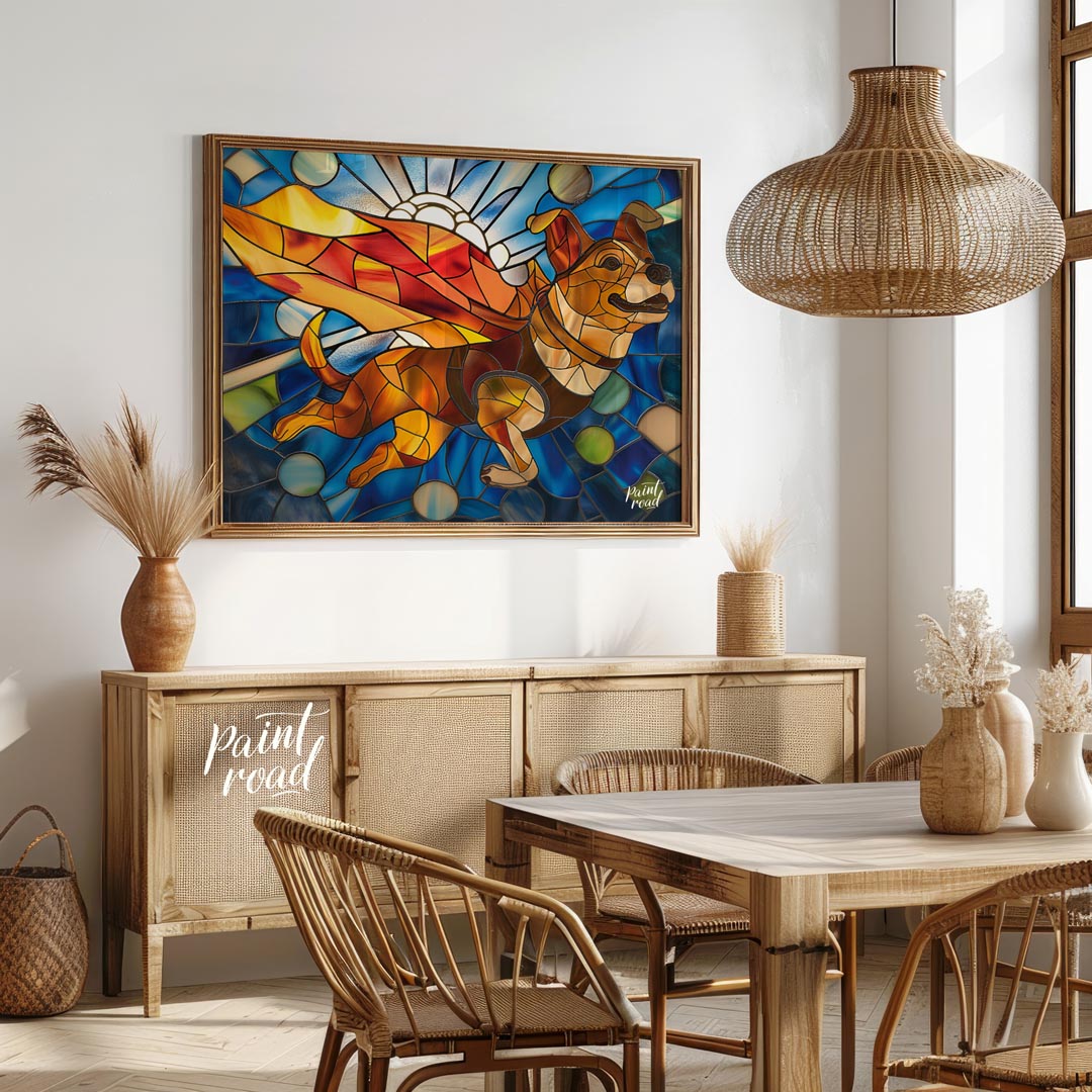 This vibrant image showcases a charming puppy in a stained glass art style, depicted as if flying w… for dining room