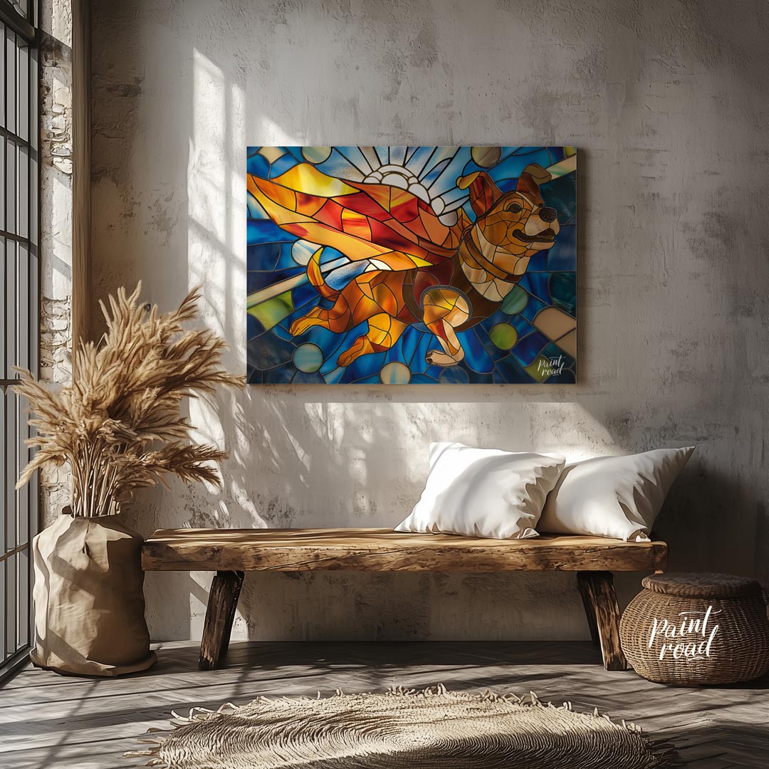 This vibrant image showcases a charming puppy in a stained glass art style, depicted as if flying w… for entryway