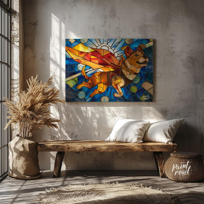 This vibrant image showcases a charming puppy in a stained glass art style, depicted as if flying w… for entryway