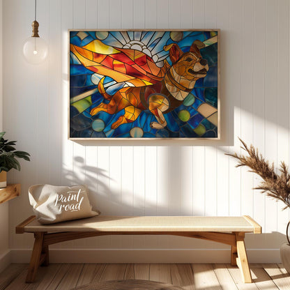 This vibrant image showcases a charming puppy in a stained glass art style, depicted as if flying w… for entryway