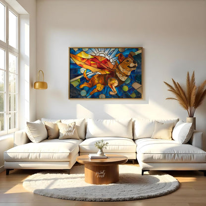 This vibrant image showcases a charming puppy in a stained glass art style, depicted as if flying w… for living room